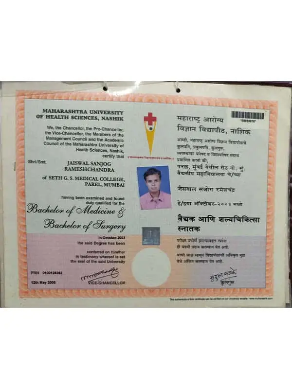 mbbs degree certificate, dr sanjog jaiswal